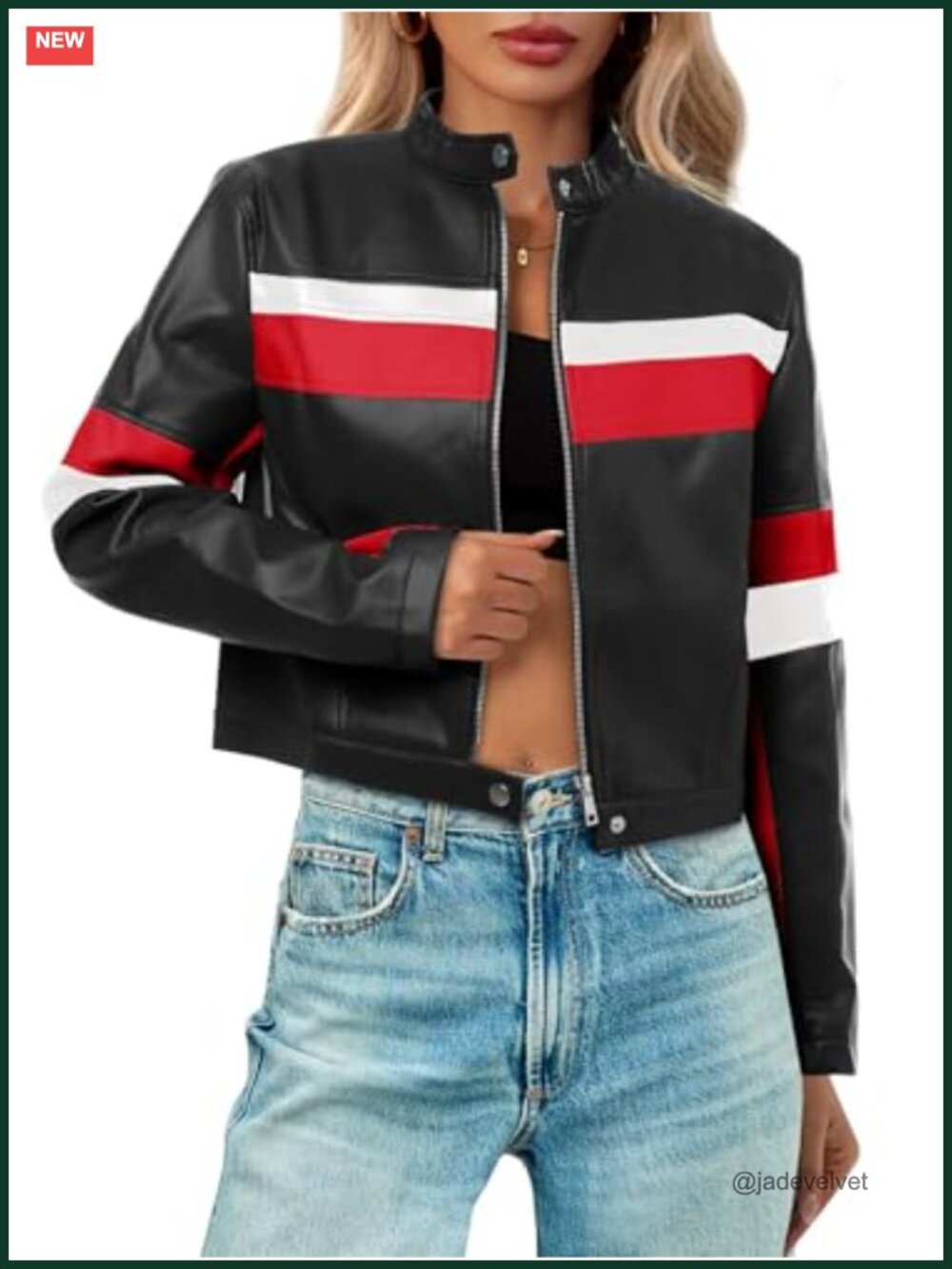 Faux Leather Cropped Moto Biker Bomber Jacket Color Block Racing Coat